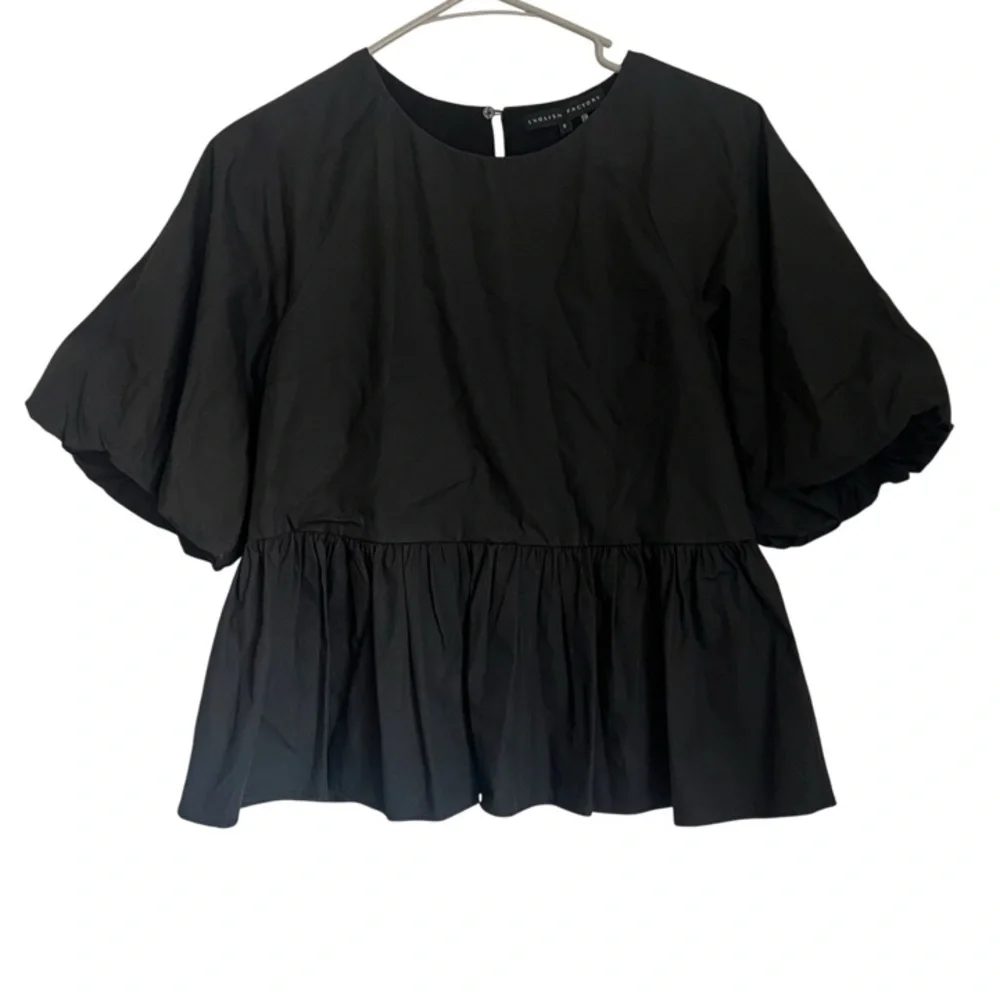 English Factory Black Puff Sleeve Peplum Top Women's Size Small